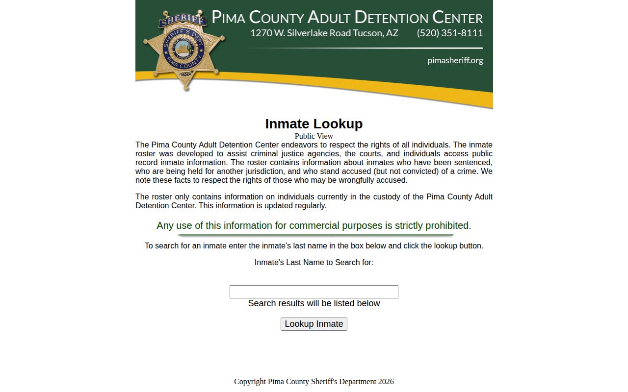 Arizona county inmate search page with no booking photo gallery