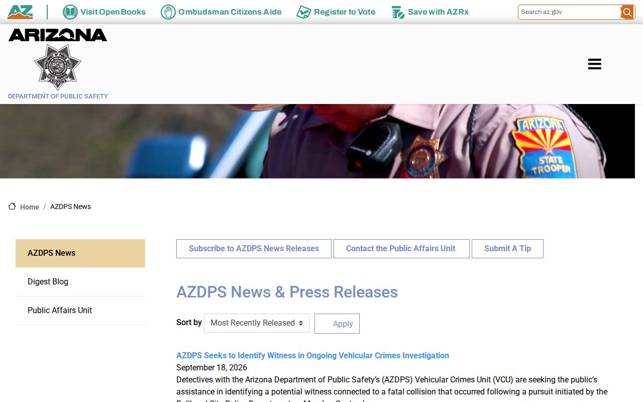 AZDPS News and Press Releases archive landing page for statewide arrest news