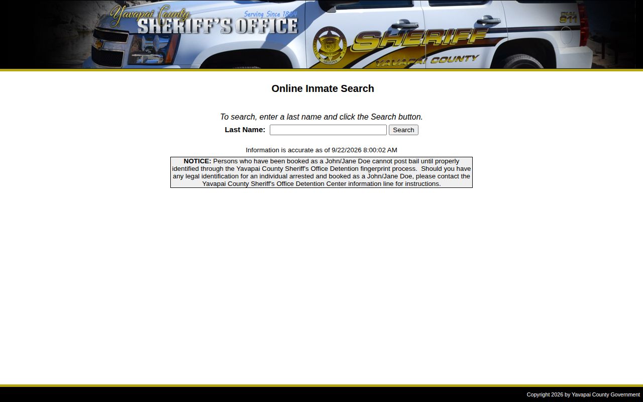 Yavapai County Sheriff's Office online inmate search with a blank last-name field and no selected person