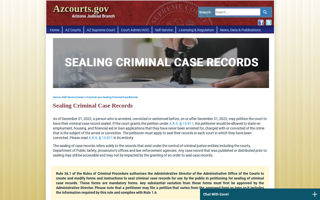 Arizona Courts information page about sealing criminal case records