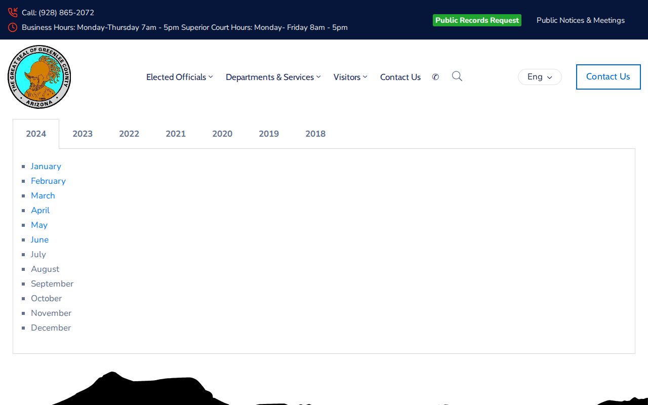 Greenlee County jail log archive with year tabs and monthly links, showing archive dates rather than names