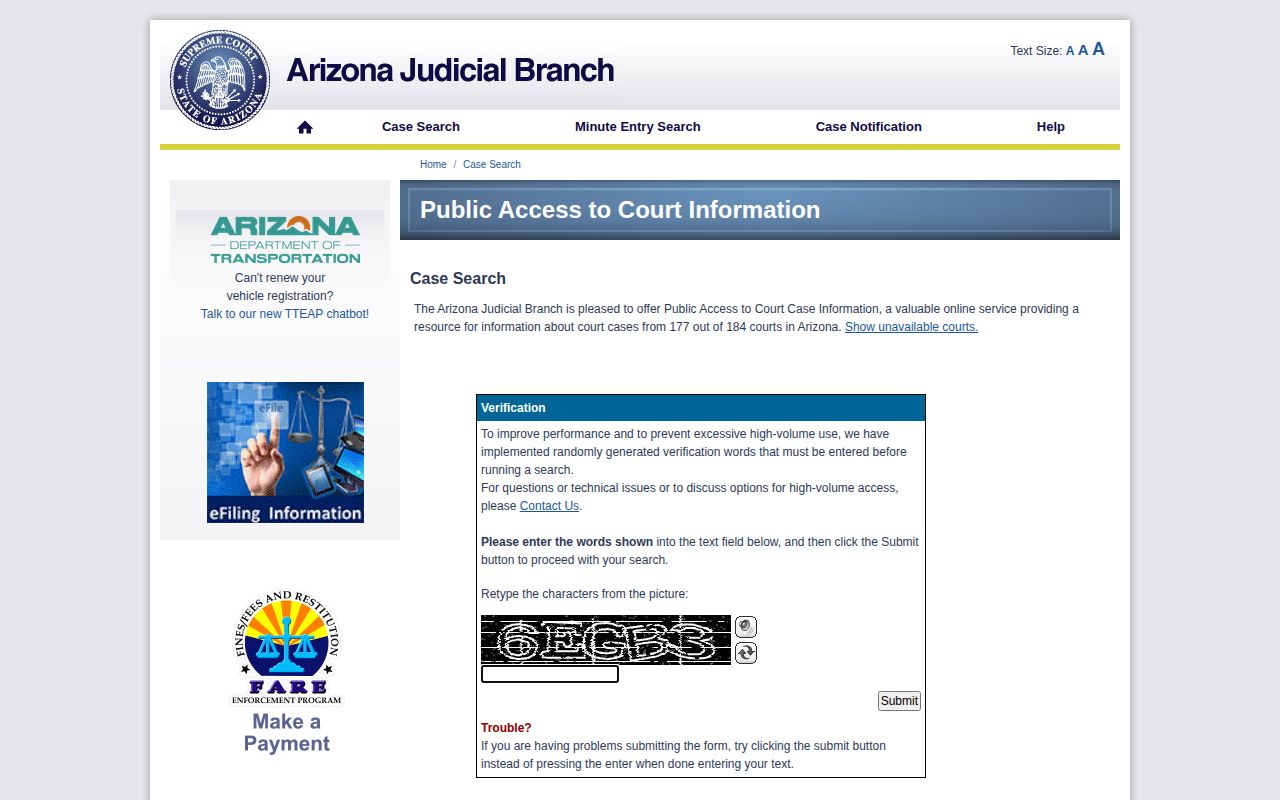 Arizona public court case lookup page for arrest-related case follow-up