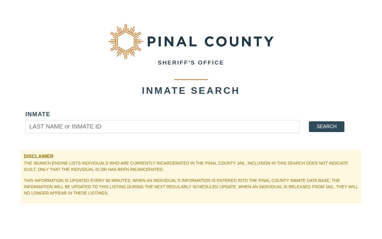Pinal County Adult Detention inmate search with blank name or inmate ID fields and a current-custody update notice