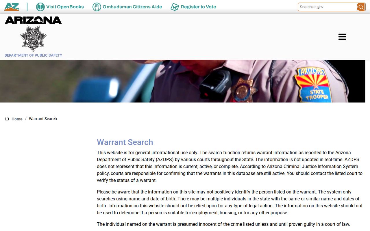 Arizona Department of Public Safety warrant search landing page