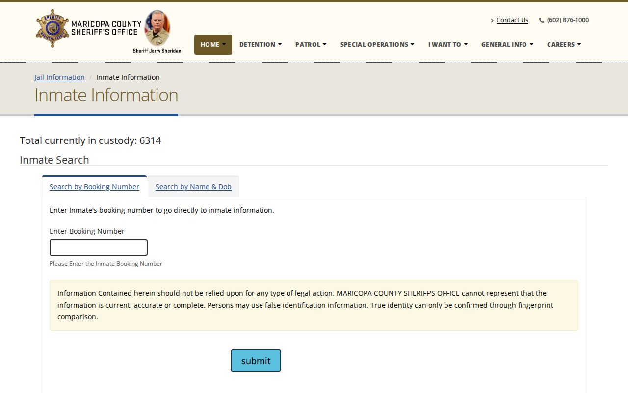 Arizona arrest and custody lookup interface from the Maricopa County Sheriff's Office