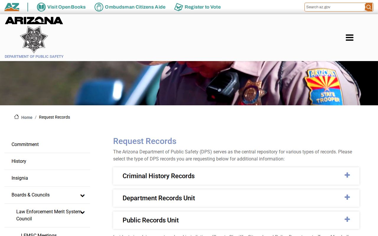 AZDPS instructions for requesting Arizona trooper arrest records