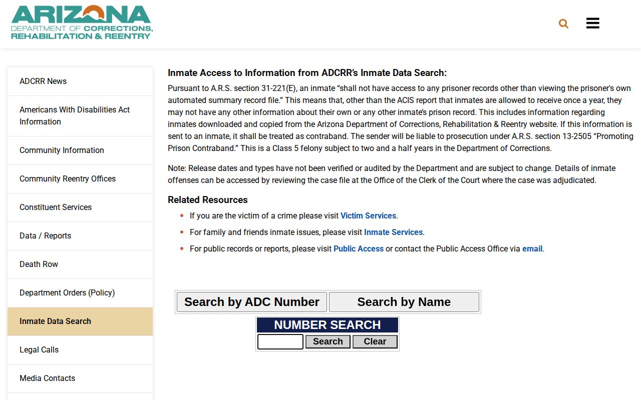 Arizona state-prison offender search landing page, distinct from county arrest records