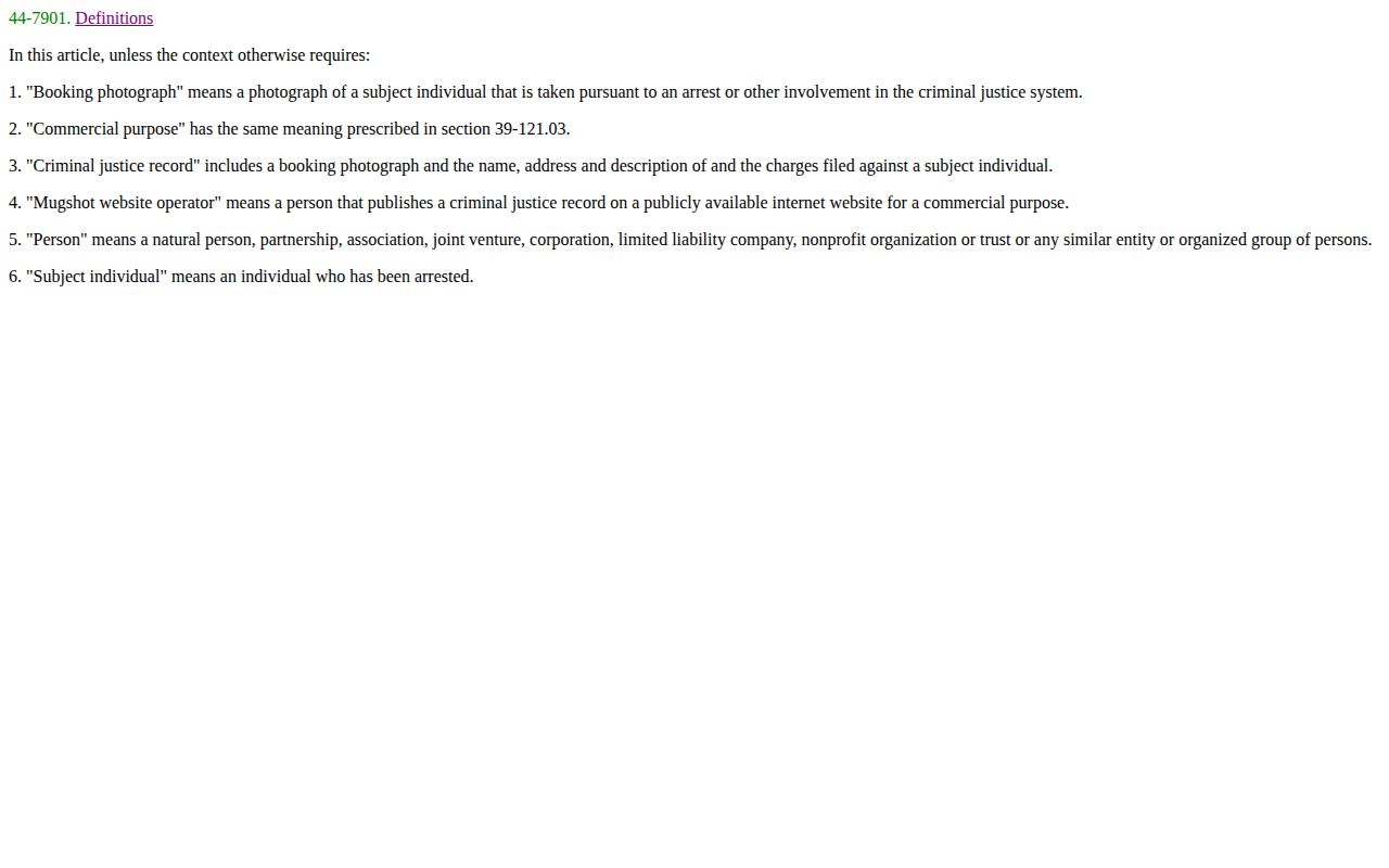 Arizona statute definitions for booking photographs and criminal justice records
