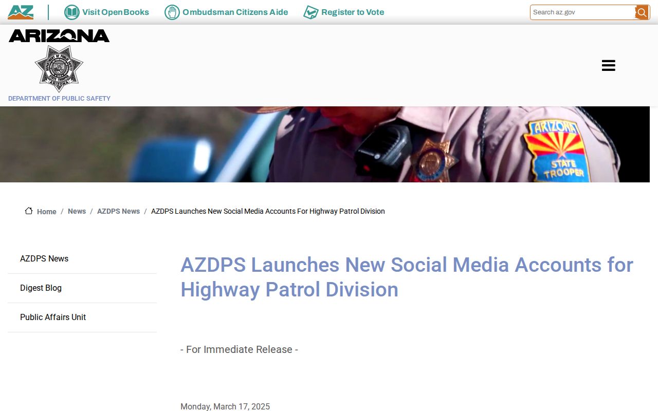 AZDPS announcement showing Highway Patrol social channels used for Arizona arrest news