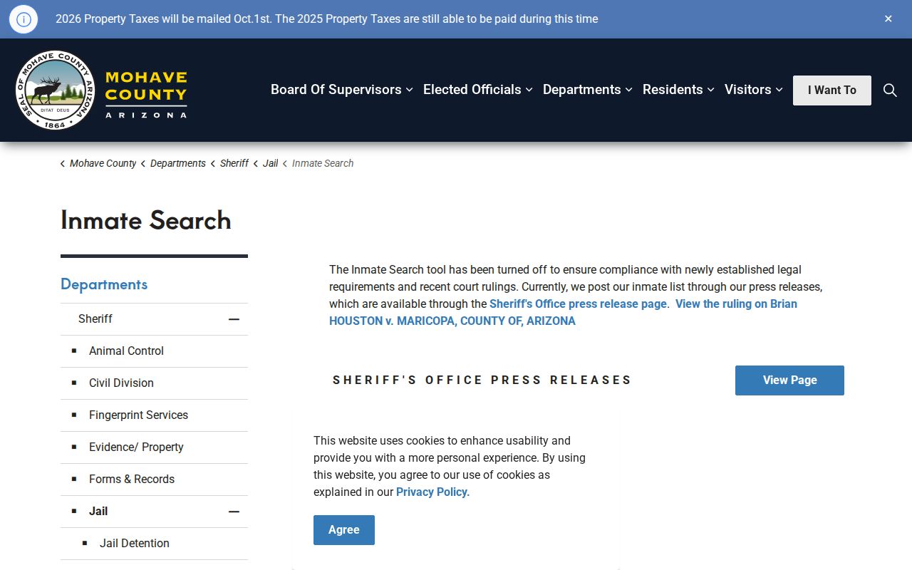 Arizona county sheriff notice that an inmate-search feed is unavailable