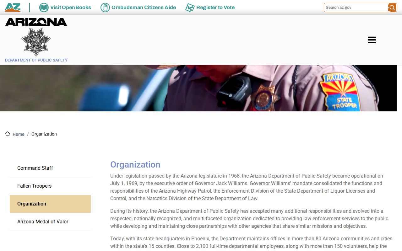 AZDPS organization page naming the Highway Patrol Division for Arizona arrest records